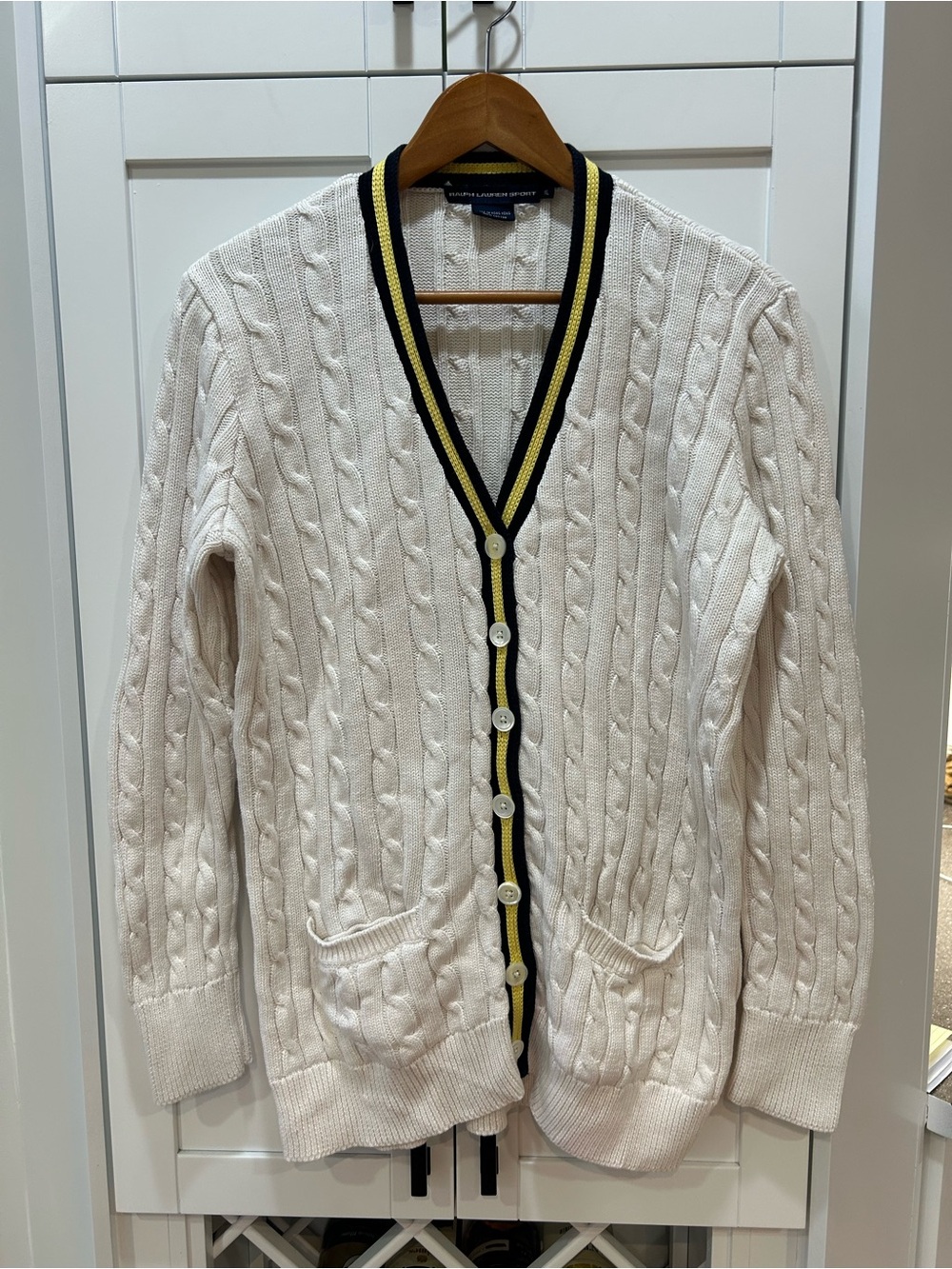 Ralph Lauren Sport XL Cream Cable-Knit Cardigan with Navy & Gold Trim - Picture 3 of 7